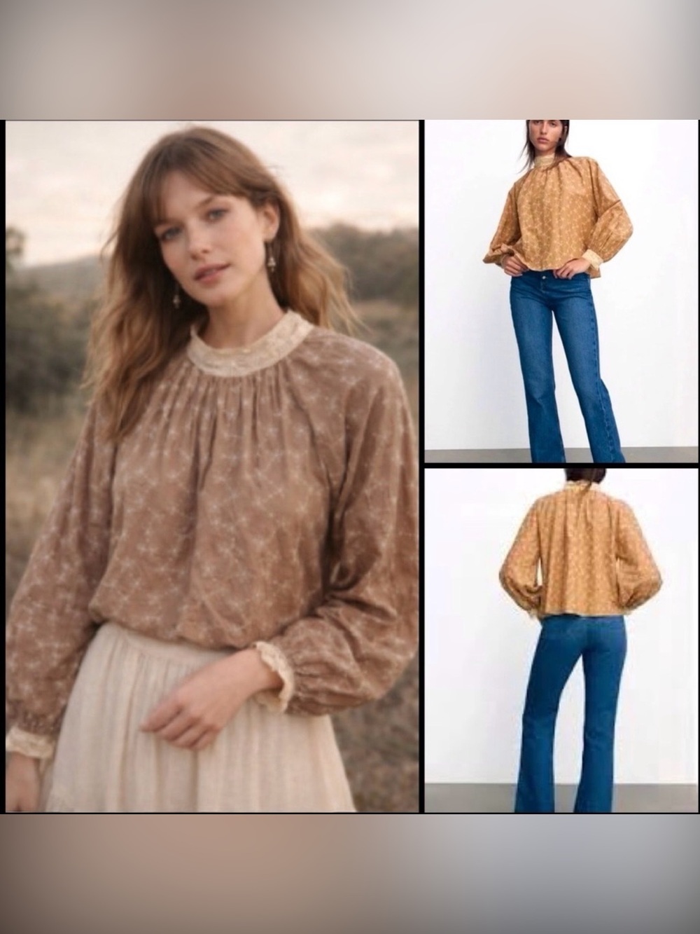 ZARA womens XS Embroidered Peasant Blouse Lace High Neck Collar Boho Cottagecore